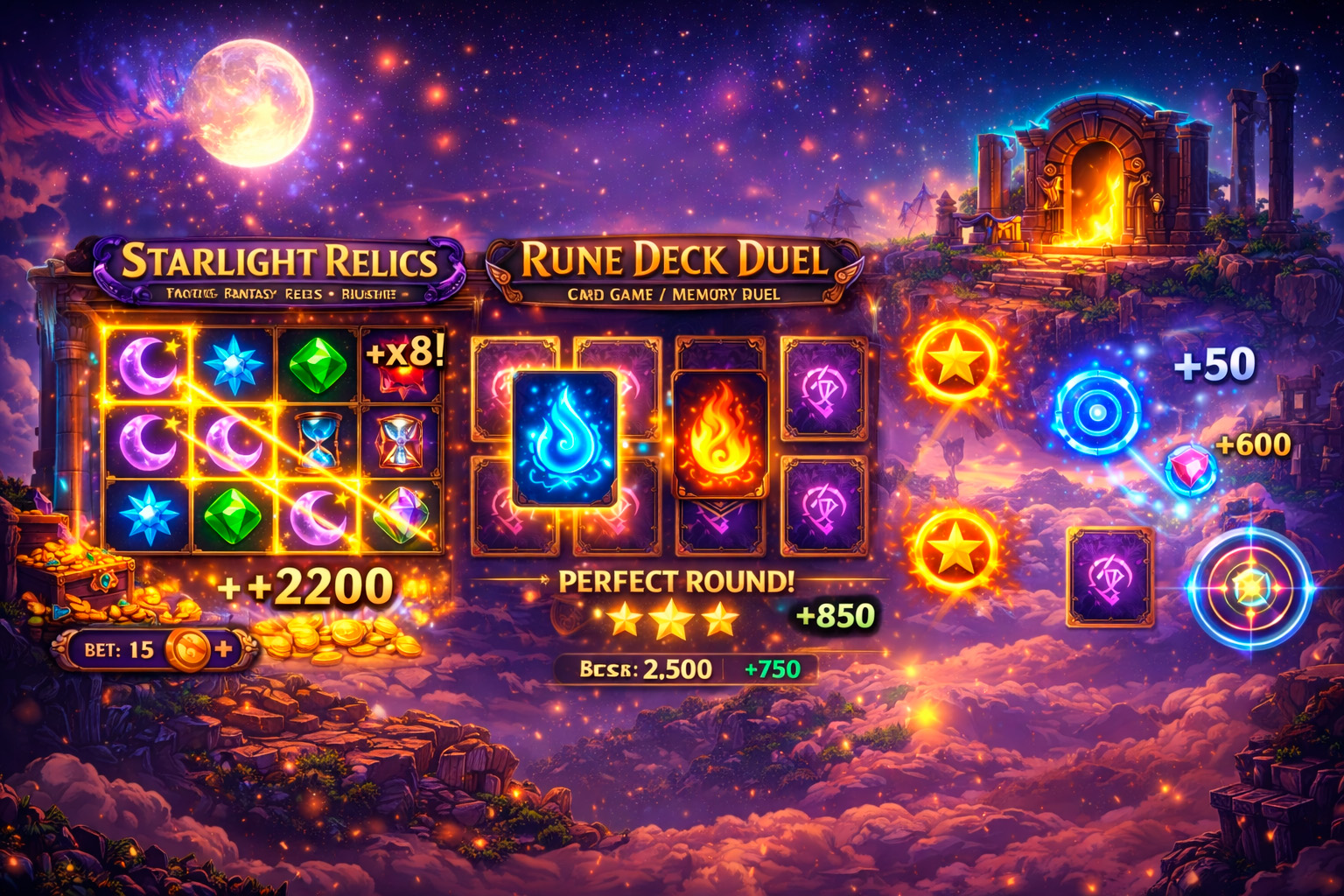 Fantasy collage preview of Starlight Relics, Rune Deck Duel, and Skyshot Vault Rush